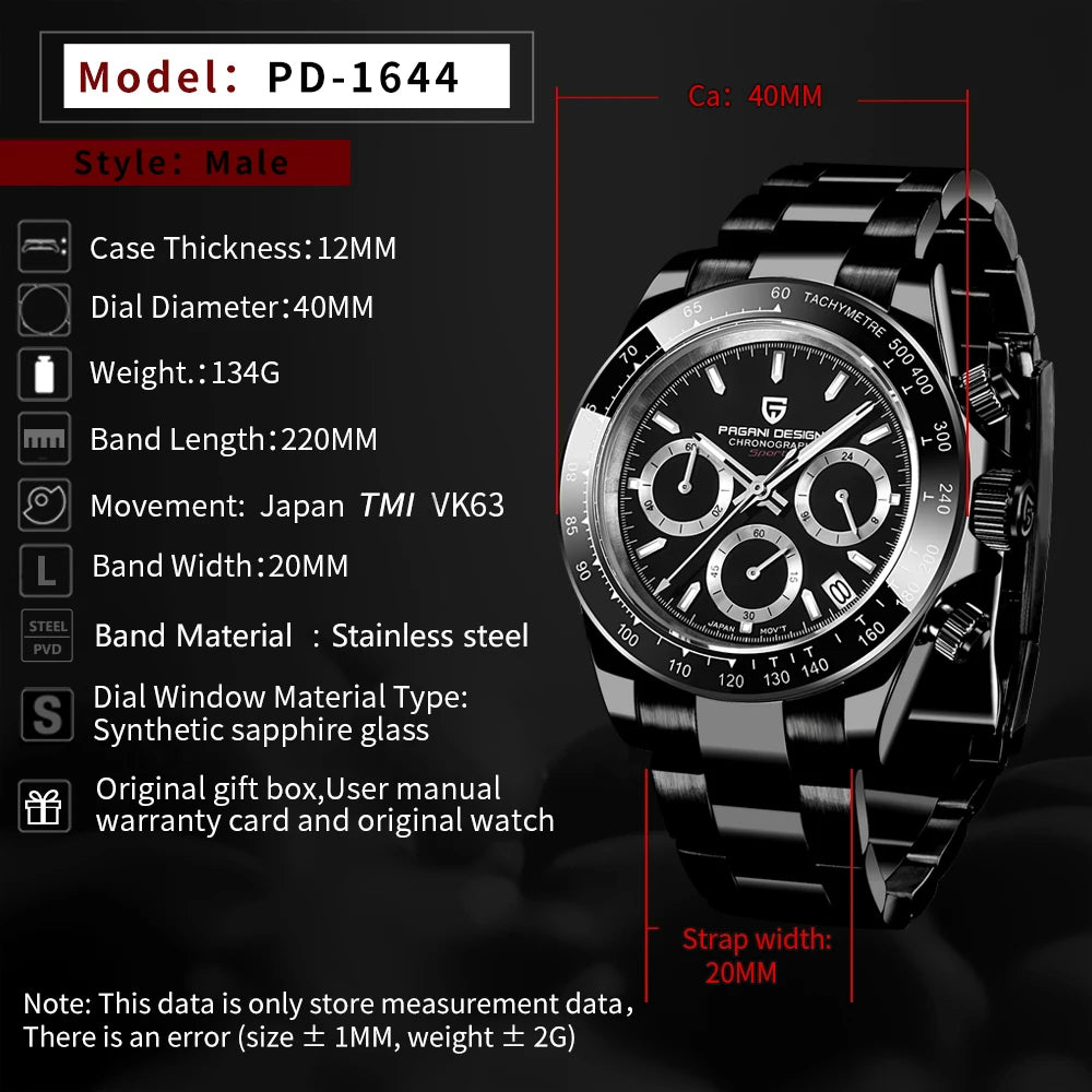 PAGANI DESIGN 2023 New Black Mens Watches Brand Luxury Quartz Watch For Men Chronograph Sports Waterproof Luminous Reloj Hombre