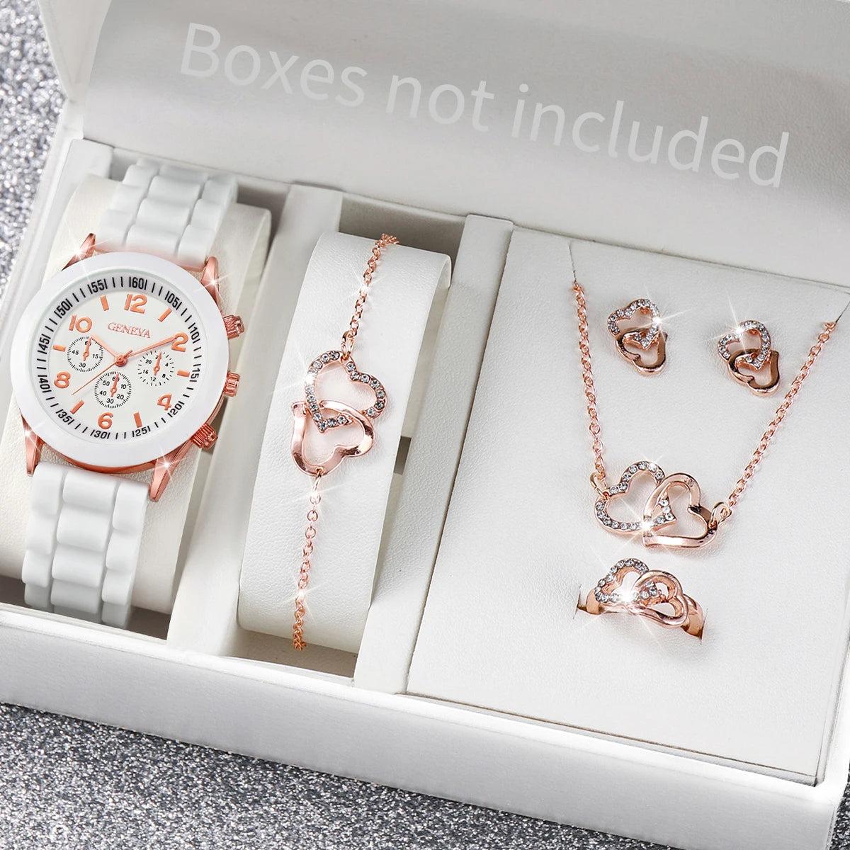 5/6PCS Fashion Women Watches Casual Silicone Band Ladies Quartz Watch Jewelry Set Relogios Feminino Girls Clock Gift(Without Box