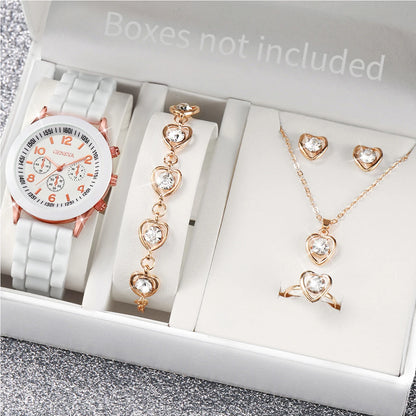 5/6PCS Fashion Women Watches Casual Silicone Band Ladies Quartz Watch Jewelry Set Relogios Feminino Girls Clock Gift（Without Box