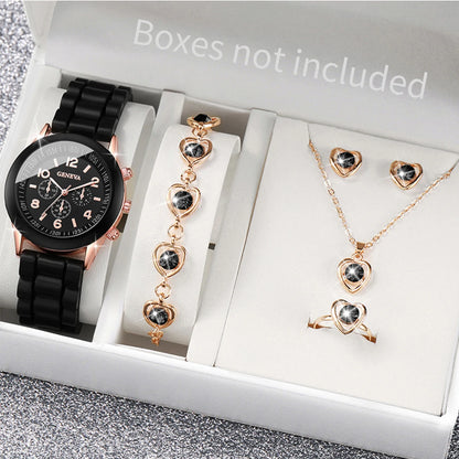 5/6PCS Fashion Women Watches Casual Silicone Band Ladies Quartz Watch Jewelry Set Relogios Feminino Girls Clock Gift（Without Box