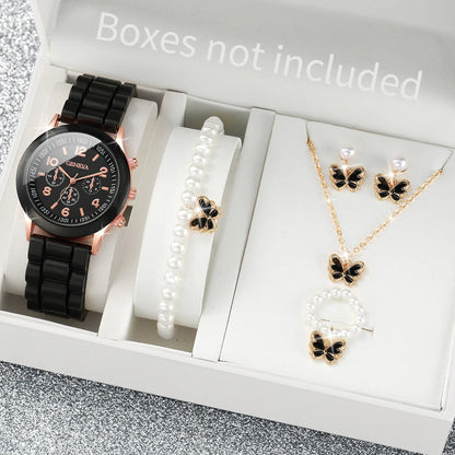 5/6PCS Fashion Women Watches Casual Silicone Band Ladies Quartz Watch Jewelry Set Relogios Feminino Girls Clock Gift（Without Box