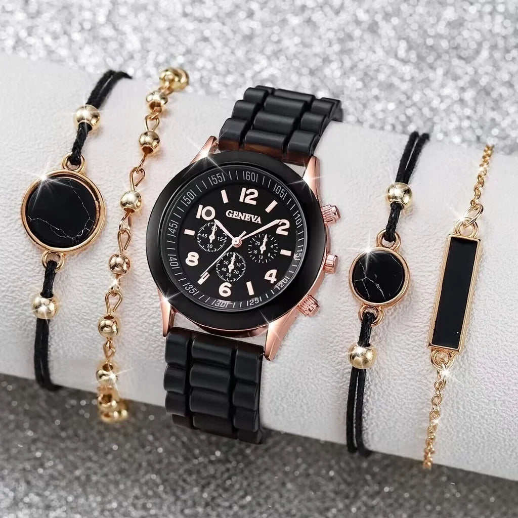 5/6PCS Fashion Women Watches Casual Silicone Band Ladies Quartz Watch Jewelry Set Relogios Feminino Girls Clock Gift（Without Box