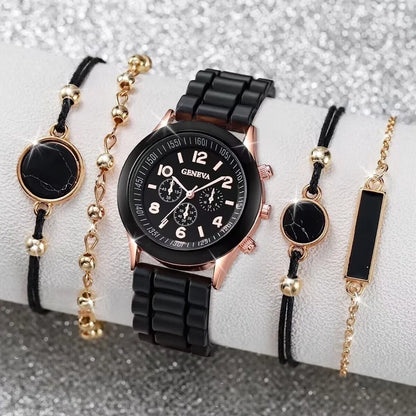 5/6PCS Fashion Women Watches Casual Silicone Band Ladies Quartz Watch Jewelry Set Relogios Feminino Girls Clock Gift（Without Box