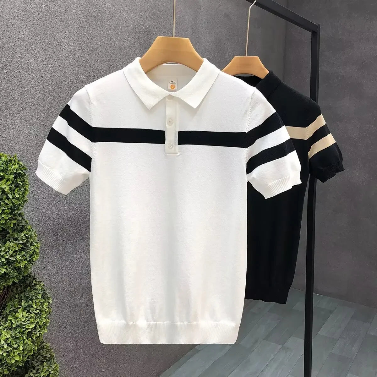 Summer Ice Silk Knitted Short Sleeve Polo Shirt Men's Striped Casual Half Sleeve Fashionable Korean Style Leisure T-Shirt