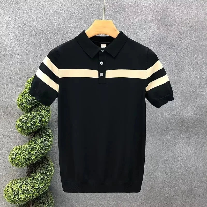 Summer Ice Silk Knitted Short Sleeve Polo Shirt Men's Striped Casual Half Sleeve Fashionable Korean Style Leisure T-Shirt