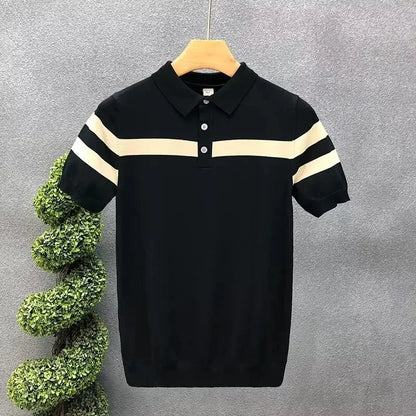 Summer Ice Silk Knitted Short Sleeve Polo Shirt Men's Striped Casual Half Sleeve Fashionable Korean Style Leisure T-Shirt