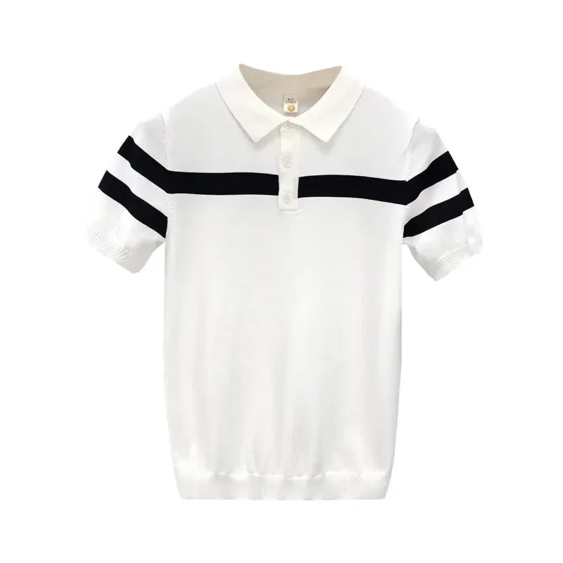 Summer Ice Silk Knitted Short Sleeve Polo Shirt Men's Striped Casual Half Sleeve Fashionable Korean Style Leisure T-Shirt
