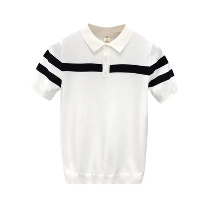 Summer Ice Silk Knitted Short Sleeve Polo Shirt Men's Striped Casual Half Sleeve Fashionable Korean Style Leisure T-Shirt
