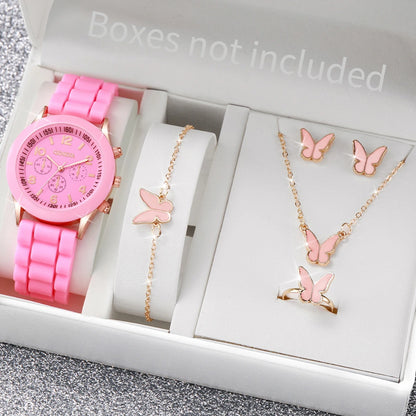 5/6PCS Fashion Women Watches Casual Silicone Band Ladies Quartz Watch Jewelry Set Relogios Feminino Girls Clock Gift（Without Box