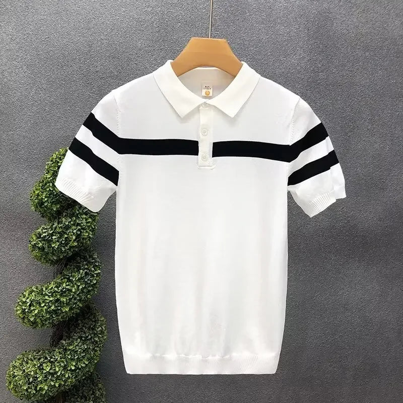Summer Ice Silk Knitted Short Sleeve Polo Shirt Men's Striped Casual Half Sleeve Fashionable Korean Style Leisure T-Shirt