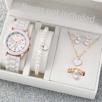 5/6PCS Fashion Women Watches Casual Silicone Band Ladies Quartz Watch Jewelry Set Relogios Feminino Girls Clock Gift（Without Box