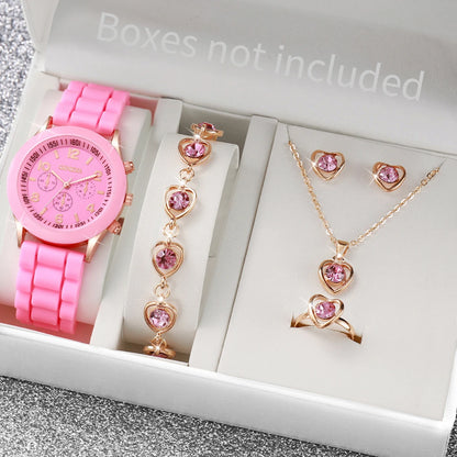 5/6PCS Fashion Women Watches Casual Silicone Band Ladies Quartz Watch Jewelry Set Relogios Feminino Girls Clock Gift（Without Box