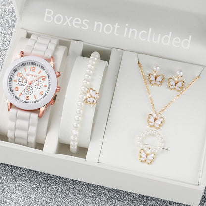 5/6PCS Fashion Women Watches Casual Silicone Band Ladies Quartz Watch Jewelry Set Relogios Feminino Girls Clock Gift（Without Box