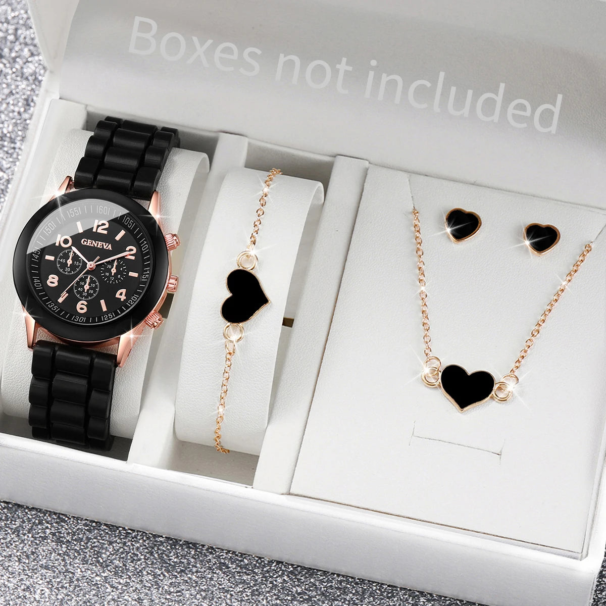 5/6PCS Fashion Women Watches Casual Silicone Band Ladies Quartz Watch Jewelry Set Relogios Feminino Girls Clock Gift（Without Box