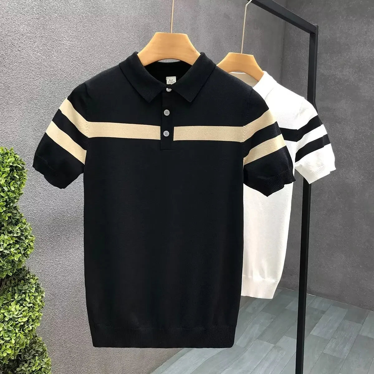 Summer Ice Silk Knitted Short Sleeve Polo Shirt Men's Striped Casual Half Sleeve Fashionable Korean Style Leisure T-Shirt