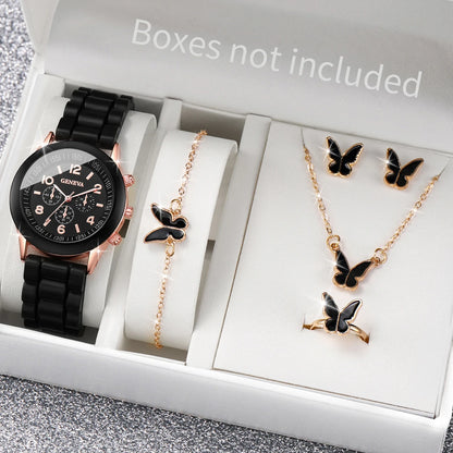 5/6PCS Fashion Women Watches Casual Silicone Band Ladies Quartz Watch Jewelry Set Relogios Feminino Girls Clock Gift（Without Box