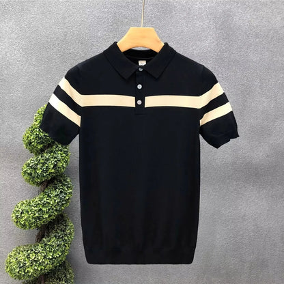 Summer Ice Silk Knitted Short Sleeve Polo Shirt Men's Striped Casual Half Sleeve Fashionable Korean Style Leisure T-Shirt